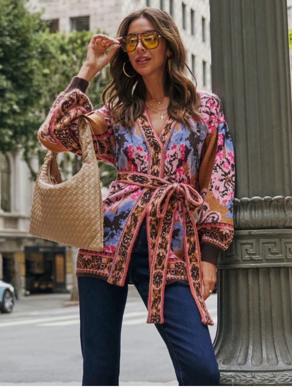 Vici Daisy Days Floral Waist Tie Cardigan - Tan Multi / M